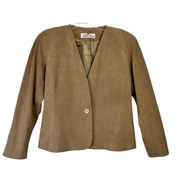 VTG Lilli Ann UltraSuede Jacket Coat Woman Tan Faux Fur‎ Collar 1 Button Union - Picture 5 of 14